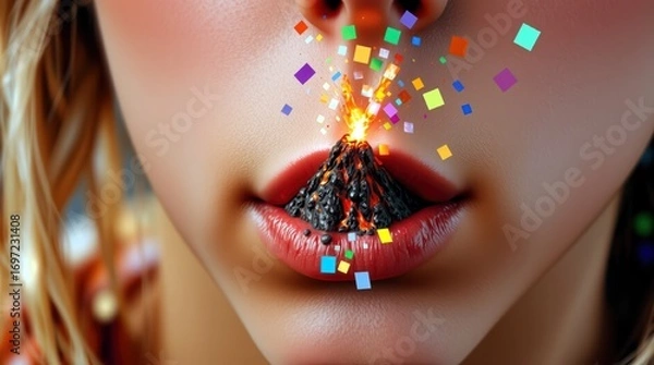 Fototapeta Confetti Volcano Fun, Tiny Eruption Art, Chin Fun Design, Unexpected Blast Photo, Whimsical Chin Moment