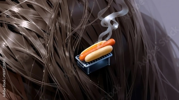 Fototapeta Hot Dog Hair, Tiny Grill Art, Hair Fun Design, Unexpected Cookout Photo, Whimsical Hair Moment