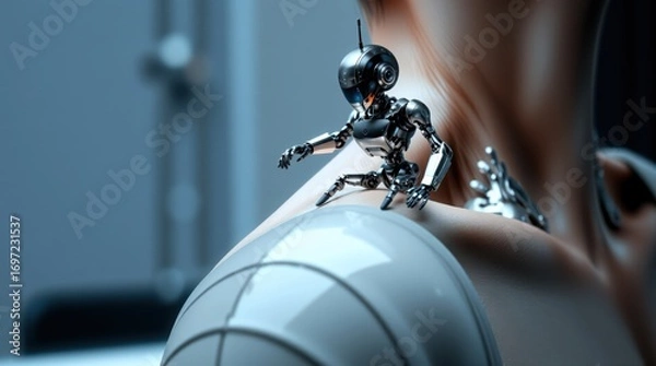 Fototapeta Robot Massage Fun, Tiny Therapist Art, Sci-Fi Relaxation Photo, Funny Robot Moment, Unexpected Massage Design