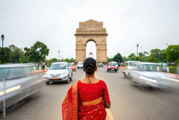 Fototapeta Woman in red saree walks towards india gate monument in delhi