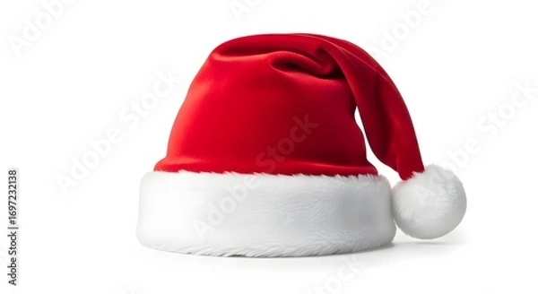 Fototapeta Vibrant Red Christmas Hat with Fluffy White Pom-Pom and Trim