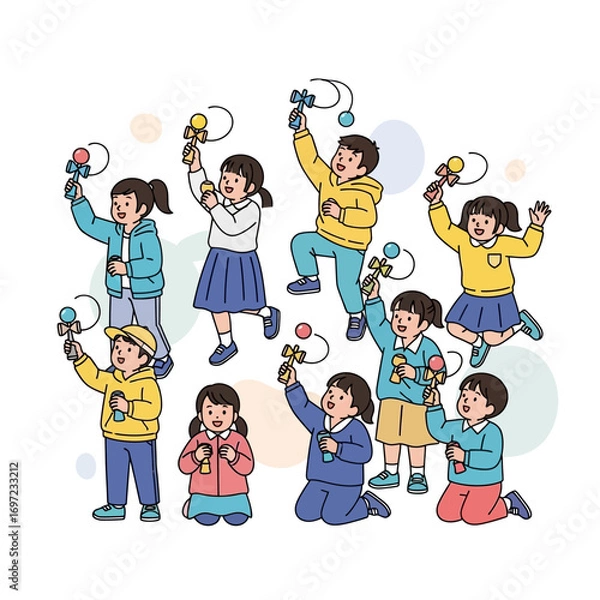 Fototapeta Joyful children playfully manipulate kendama, demonstrating various skills and poses.