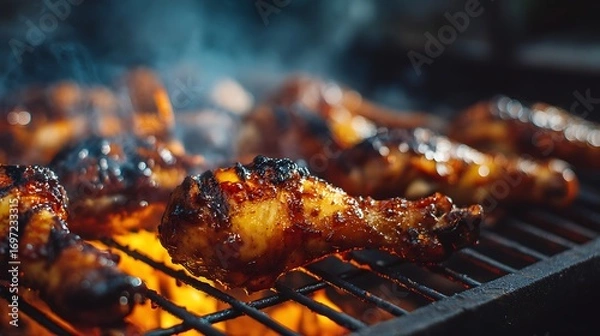 Fototapeta Grilled chicken drumsticks sizzling on a barbecue with smoke rising in a backyard setting