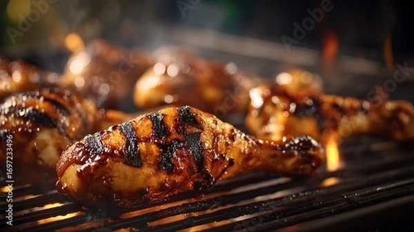 Fototapeta Grilled chicken drumsticks sizzling on a barbecue, surrounded by smoke and flames, evoking summer gatherings
