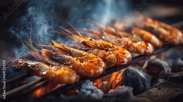 Obraz Grilled shrimp skewers sizzling over an open flame, creating a smoky atmosphere outdoors