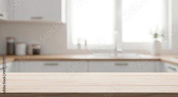 Obraz A blurry kitchen scene with white cabinets a wooden counter and a bright window
