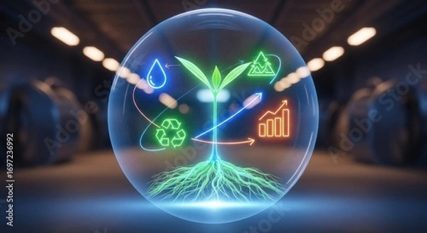 Fototapeta A glowing plant inside a bubble with water drop recycle mountains and growth chart icons around the plant
