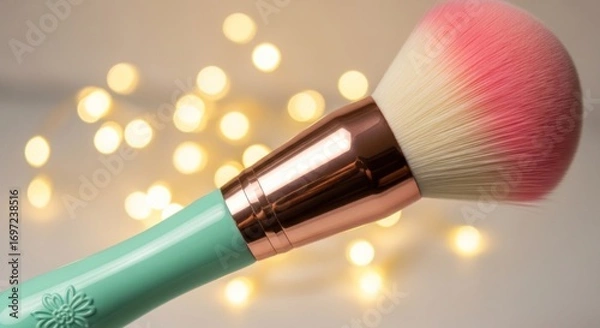Fototapeta Close up of a makeup brush with a light green handle and pink and white bristles on a blurred background