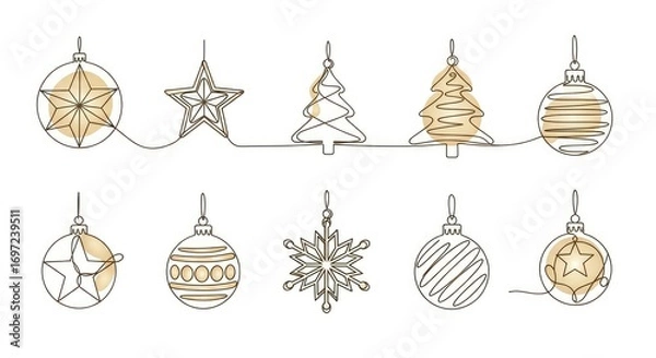 Obraz Continuous line illustration with Christmas ornaments trees stars and snowflakes hanging