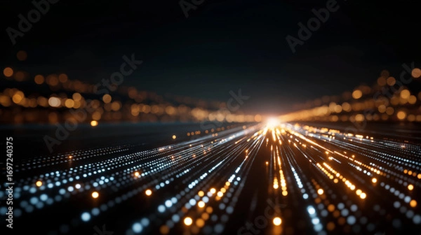 Fototapeta Data Stream Highway: Dynamic digital streams of light and information surge forward against a dark backdrop, conveying a sense of the future.