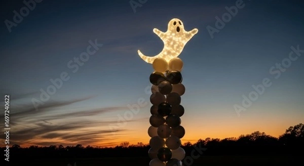 Fototapeta Illuminated ghost figure atop a balloon column against a twilight sky for halloween decoration theme