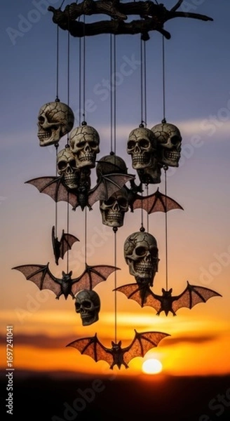 Fototapeta A spooky halloween wind chime with skulls and bats hanging against a sunset sky background scene view