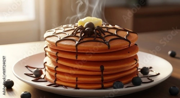 Fototapeta Stack of halloween pancakes with chocolate spiderweb, butter, and blueberries on a white plate