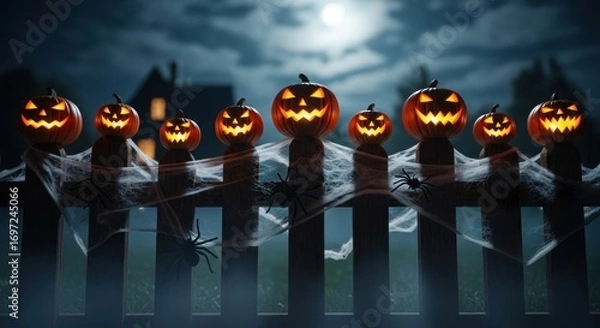 Fototapeta Illuminated jack o lanterns on a fence with spiderwebs under a full moon on a halloween night scene