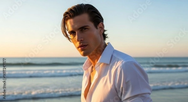 Fototapeta Man in white shirt stands on a beach with ocean waves and sunset light casting a warm glow on his face
