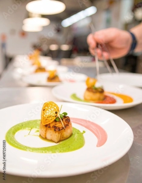 Fototapeta Close-up of plated scallops, garnished with citrus and sauces.  Chef's hand using tongs to arrange a dish