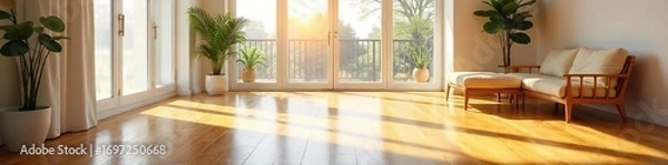 Fototapeta Gleaming hardwood floors reflect sunlight streaming through a large window in a modern, minimalist home  Clean lines and bright, airy ambiance are emphasized , modern, living