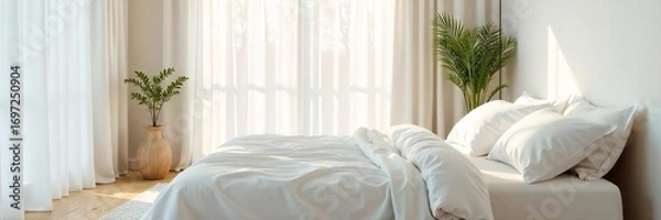 Fototapeta Serene minimalist bedroom with simple white bedding, a single plant, and natural light streaming through a sheer curtain A feeling of calm and peaceful rest is evoked , uncluttered, zen