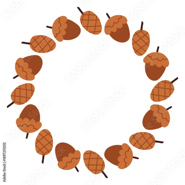 Fototapeta Autumn acorn circle frame. Round border made of doodle hand drawn fall acorns. The acorns are arranged in a circle for stickers, banners, cards, ads. Vector flat isolated on white background.