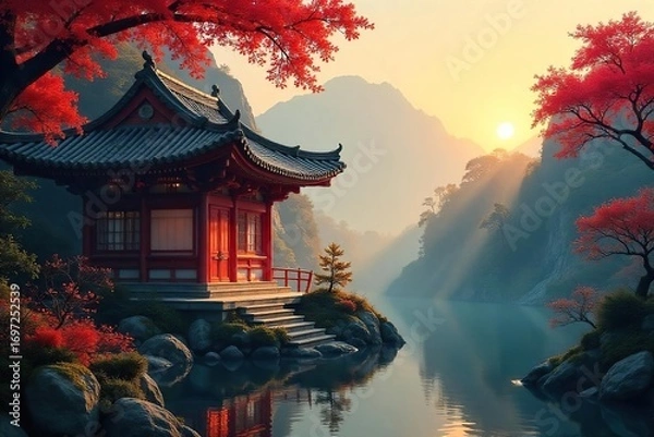 Fototapeta Serene scene of a traditional Far Eastern temple nestled amongst vibrant foliage, bathed in the soft light of dawn Spiritual tranquility, ancient architecture, peaceful atmosphere , zen, korean