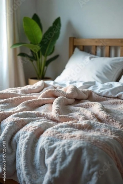 Fototapeta Cozy weighted blanket draped over a bed, soft textures and calming colors create a peaceful sleep environment Perfect for promoting relaxation and better sleep , plush, wellbeing, sleep wellness