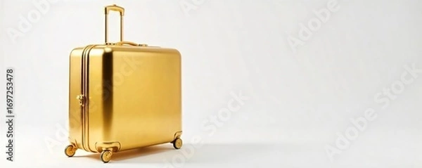 Fototapeta Gleaming golden luggage sits on a pristine white background, ready for a luxurious journey Perfect for travel, luxury, wealth, and holiday themes , adventure, suitcases