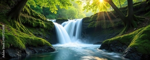 Fototapeta Serene Waterfall Cascading Through Lush Forest A Breathtaking Display of Natures Beauty