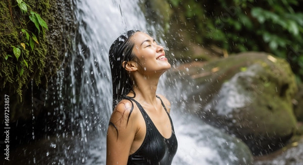 Fototapeta A young woman smiles blissfully under a natural waterfall, her eyes closed in peaceful surrender, enjoying a refreshing and serene moment of connection with nature.