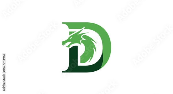 Fototapeta Symbolic green letter D monogram design with a stylized dragon head emblem incorporated within the