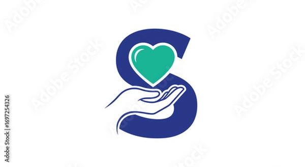 Fototapeta Abstract 'S' shape logo with hand holding heart, representing healthcare and wellness services
