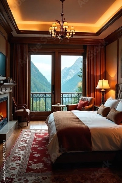 Fototapeta Indulge in opulent comfort This luxurious motel room features plush furnishings, a fireplace, and stunning views Perfect for a relaxing getaway , lodging, atmosphere