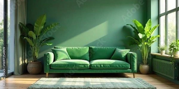 Fototapeta Serene living room with lush green accents, including plants, velvet sofa, and patterned rug, creating a calming and refreshing atmosphere , rug, sofa