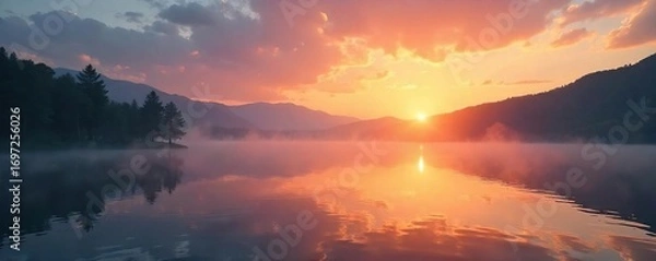 Fototapeta Serene sunrise over a calm lake, misty morning, peaceful landscape, perfect for a relaxing start to the day Ideal for calendars, websites, or social media backgrounds , rays, environment