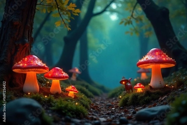Fototapeta Magical Autumn Forest Scene with Glowing Mushrooms and Fairy Lights Whimsical Woodland Creatures and Festive Ornaments Perfect for Halloween, Fantasy, and Autumnal Designs