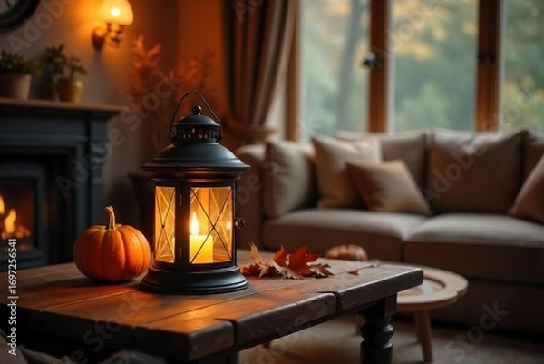 Fototapeta Cozy living room scene featuring a warm, glowing lantern on a wooden table, creating a calm and inviting atmosphere Perfect for home decor, hygge, and autumn themes , living room, glass, cozy