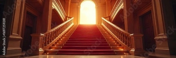 Fototapeta Dramatic Hollywood-style staircase ascending towards bright light, elegant design, architectural detail Perfect for luxury, success, ambition, and achievement themes , steps, building