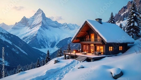 Fototapeta Cozy chalet nestled in the snowy mountains, perfect for a climber's retreat after a day conquering peaks Imagine breathtaking views and a warm fire , picturesque, incredible