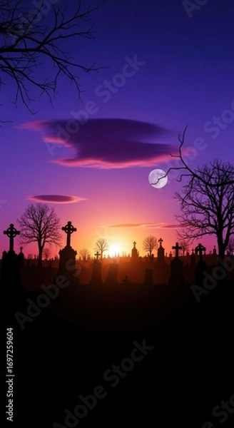 Fototapeta A graveyard with crosses and trees silhouetted against a vibrant sunset and a full moon in the sky