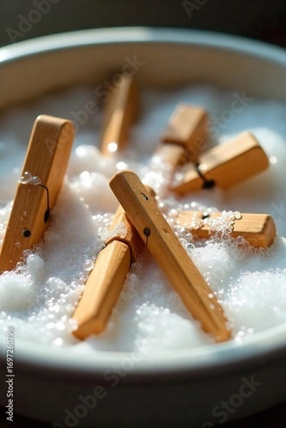 Fototapeta Close-up shot of wooden pegs being washed in a basin of soapy water, bubbles visible Soft natural light illuminates the scene, highlighting the clean, bright pegs , objects, vibrant