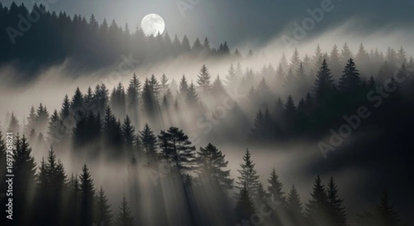 Fototapeta A foggy forest landscape with a full moon visible above the trees and light rays shining through the fog