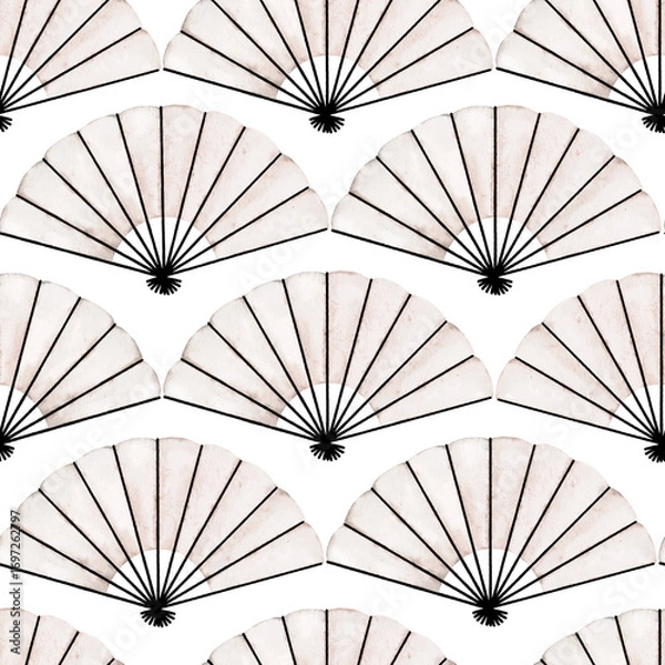 Fototapeta Seamless watercolor pattern with elegant white folding fans in repeating arrangement. Ideal for textile design, wrapping paper, wallpaper, stationery, packaging, or cultural holiday projects