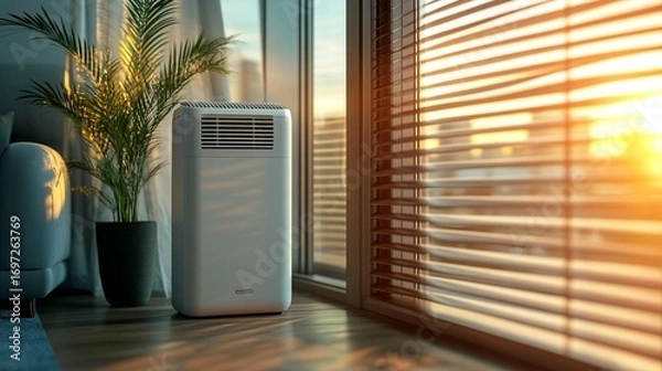 Obraz Portable AC unit in a modern living room by a window with sunlight streaming through blinds