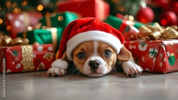 Obraz Puppy in Santa hat surrounded by Christmas presents