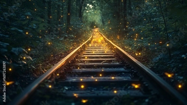 Fototapeta Railroad track through enchanted forest, glowing with fireflies