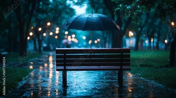 Obraz Rainy park scene; empty bench, umbrella