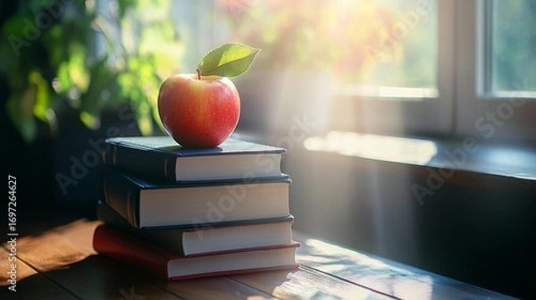 Obraz Red apple atop books, sunlight through window