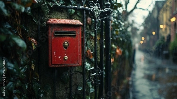 Fototapeta Red mailbox on a dark wrought iron gate, overgrown with greenery, in a rainy urban alley