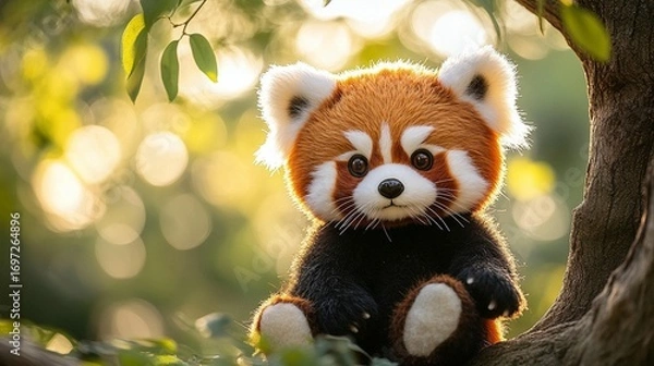 Obraz Red panda plush, sitting in a tree, sunlit bokeh