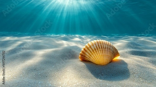 Obraz Seashell on sandy ocean floor, sunbeams