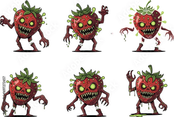 Fototapeta Grotesque monster strawberries with sharp teeth, glowing eyes, green slime, cartoon horror fruit characters for game, comic, animation vector art